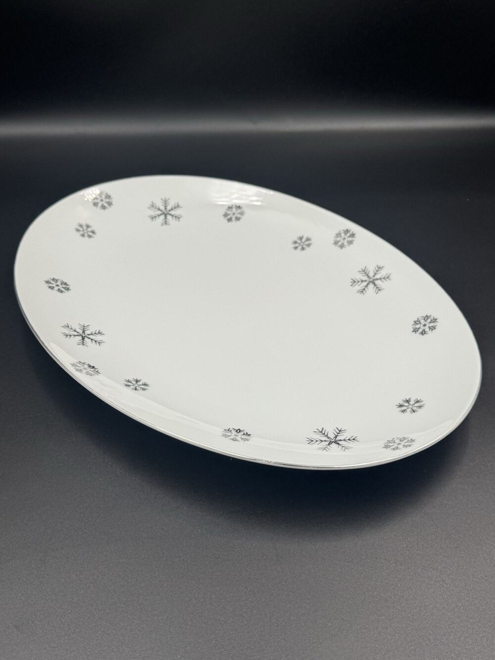 Vintage Seyei Snowy Atomic Snowflake 12” Oval Platter - Platinum Rim MCM Japan